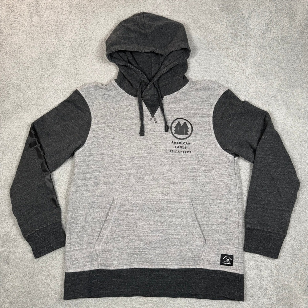 American Eagle Mens Gray Colorblock Graphic Hoodie Sweatshirt Long Sleeve Size L